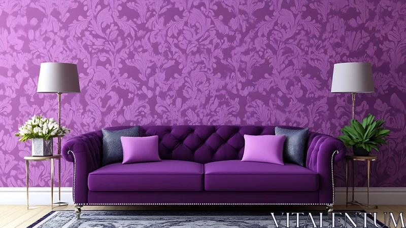 Purple sofa against patterned wall defines interior layout
