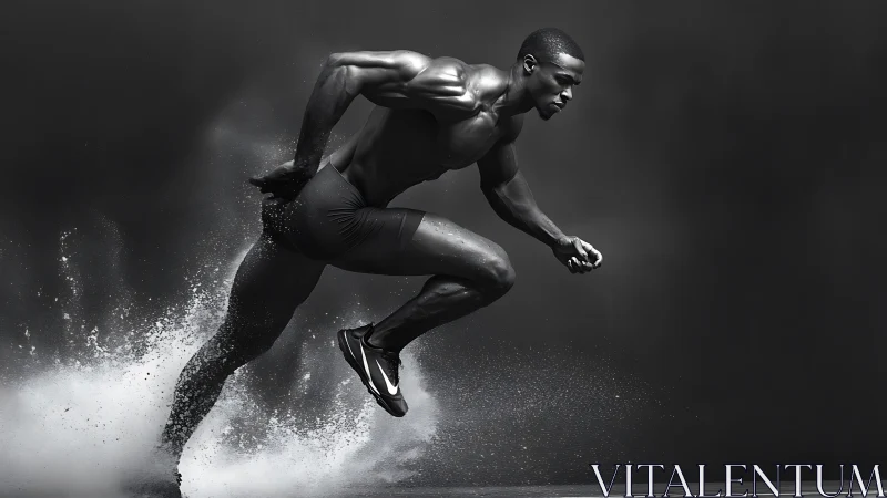 High-speed sprinter in mid-stride kicking water, monochrome study