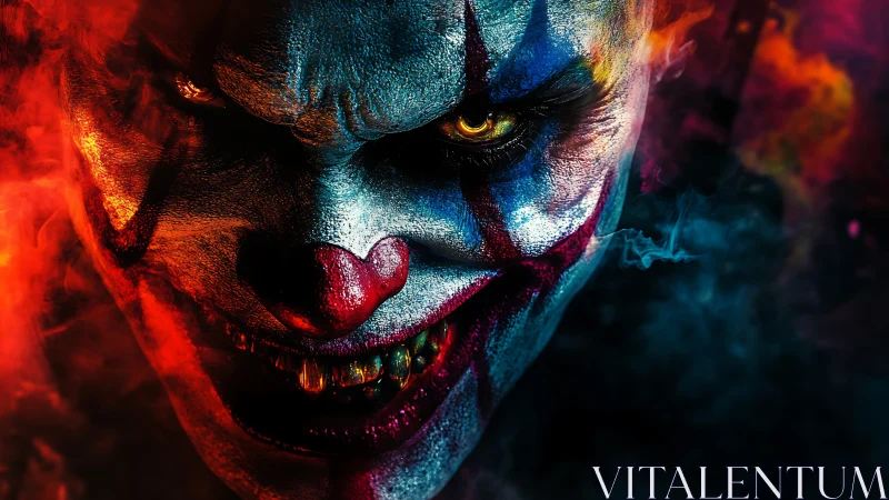 Clown face with intense lighting occupies the entire frame