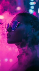 Neon dreamer in glowing city lights and soft pink haze.