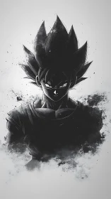 Brooding anime warrior emerges from monochrome shadows.