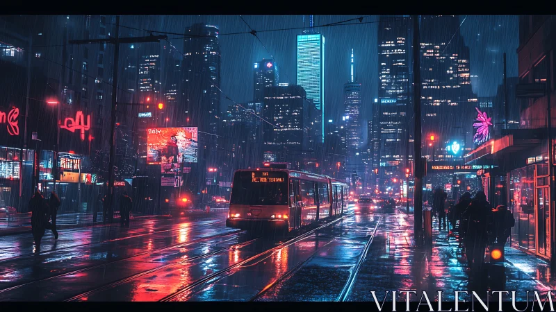 Rainy night tram moves through neon city street scene