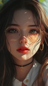 Soft daylight portrait of young woman in gold round glasses