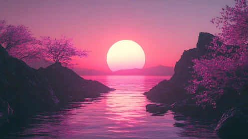 Pink-toned coastal sunset with silhouetted rocky shoreline.