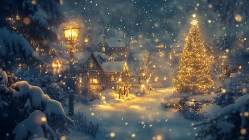 Snow covered village street is illuminated by seasonal lights