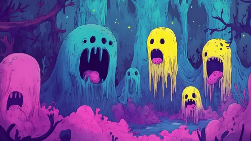 Dripping ghost creatures float in neon swamp forest