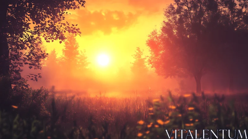 Volumetric dawn light diffusing through misted woodland meadow.