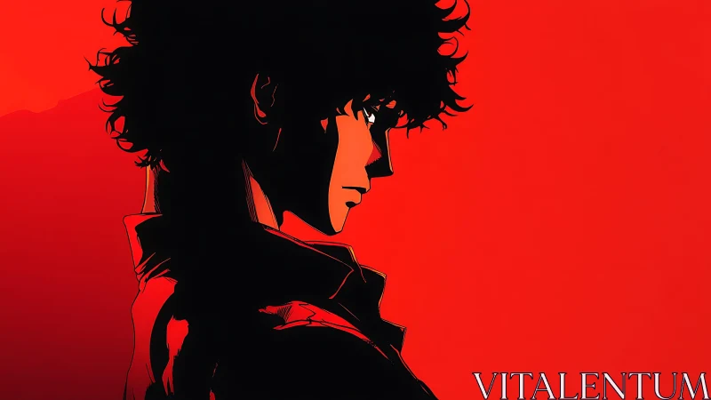 Profile view of stylized male figure against red field