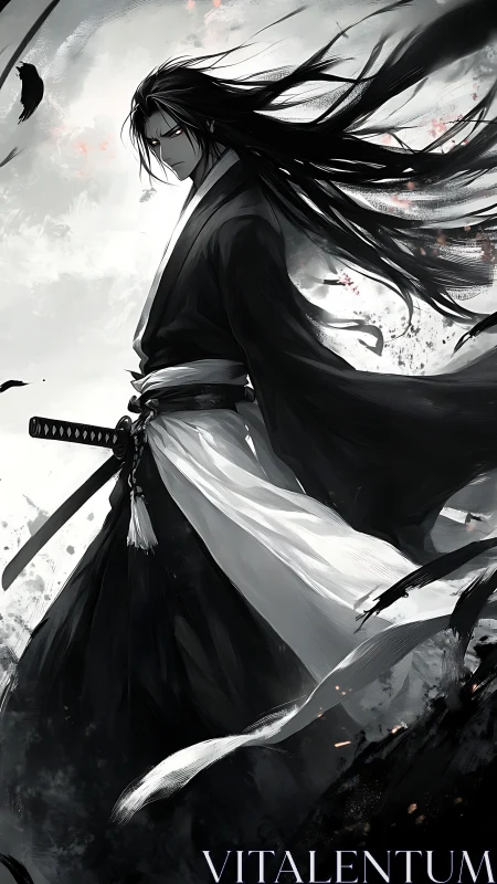 Dark samurai warrior in monochrome storm-lit composition.