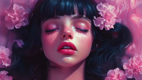 Crying girl portrait with pink flowers and closed eyes.