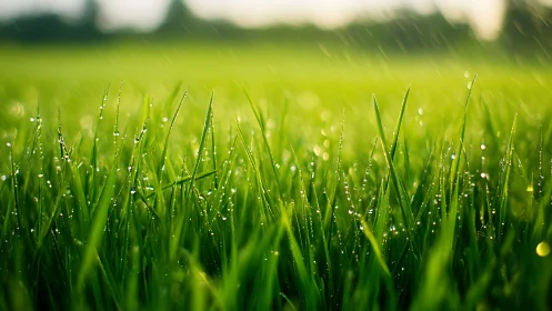 Backlit dew-covered grass blades in shallow focus field.