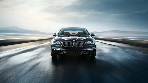 Front view of black sedan on wet highway at dusk period