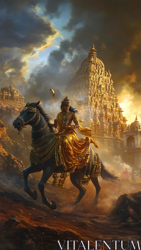 Warrior on black horse before towering golden temple at dusk.