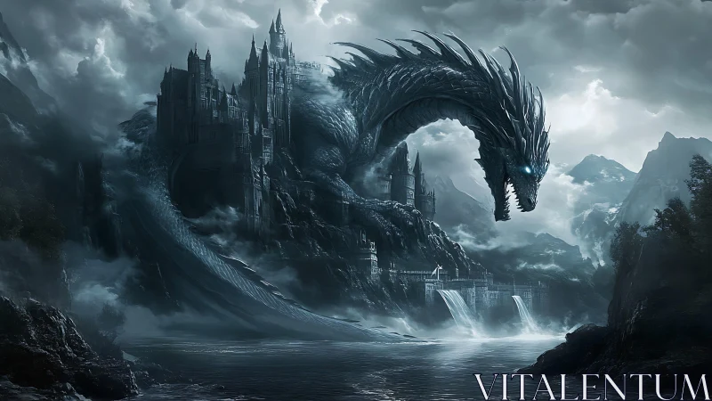 Stormlit dragon coils protectively around its citadel throne