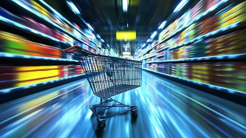 Dynamic supermarket aisle with motion-blurred shelves and cart