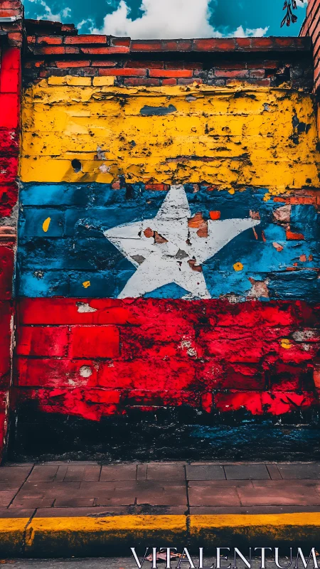 Weathered painted flag mural covers old brick wall surface
