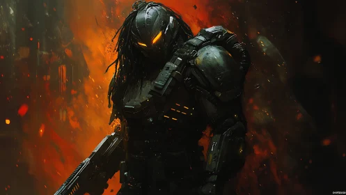 Armored sci fi soldier with glowing visor in fiery haze.