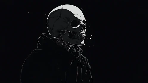 Monochrome skeletal figure in hooded streetwear profile.