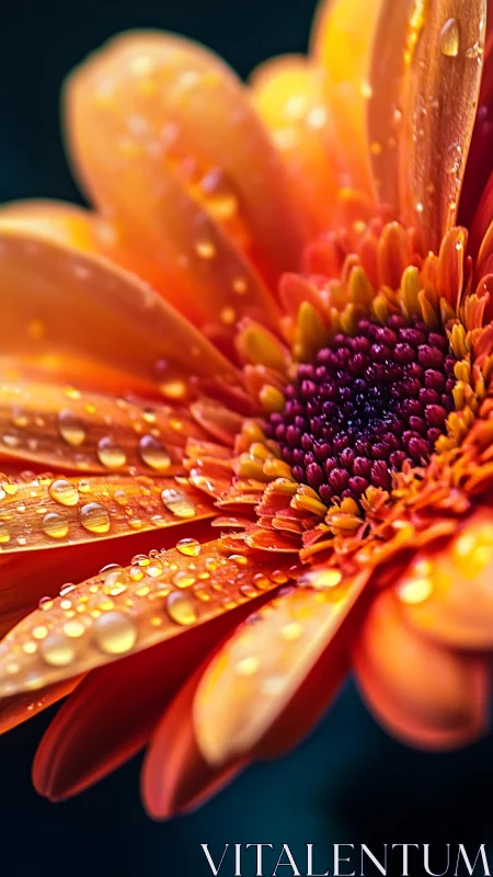 Gerbera daisy with water droplets on orange petals.