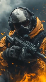 Masked tactical operator holding rifle amid smoke and fire.