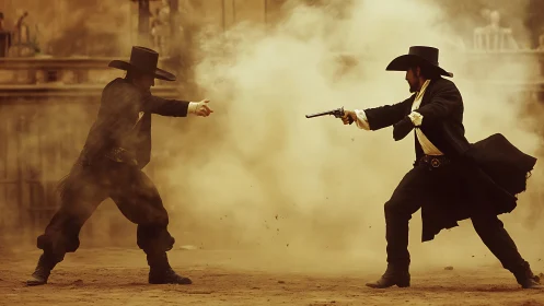 Western gunslingers in a dusty street duel standoff scene.