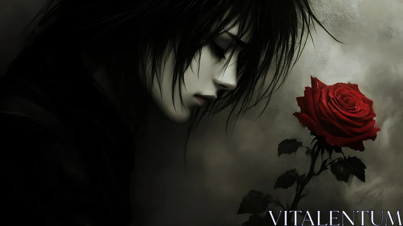 Melancholic anime figure contemplates a single red rose.