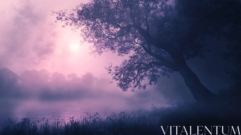 Leaning lakeside tree in violet mist at diffuse sunrise.