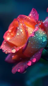 Rose with dewdrops illuminated by warm light against deep teal background.