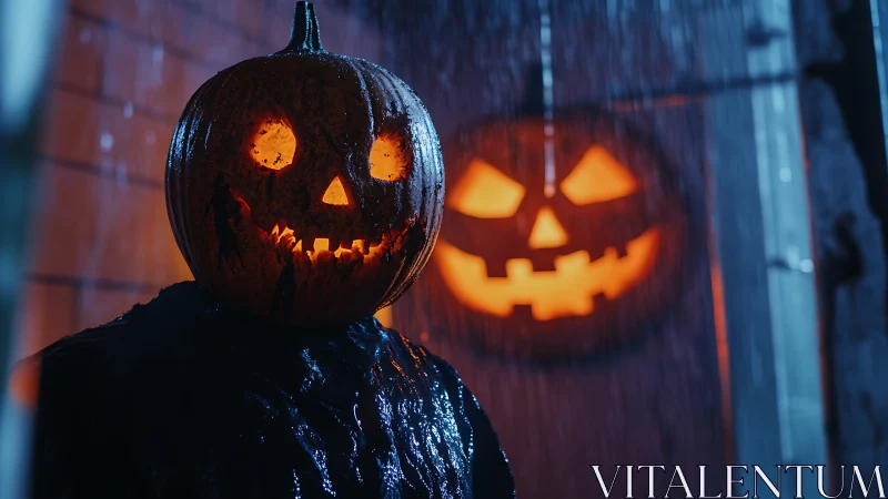 Moody jack-o-lantern character in cinematic rain lighting.