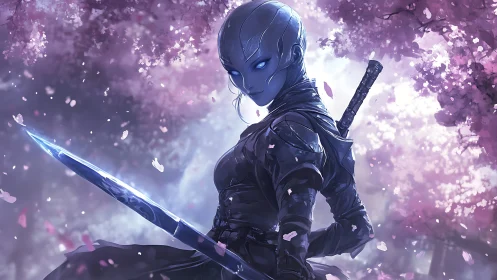 Alien warrior with glowing sword under pink blossom trees.