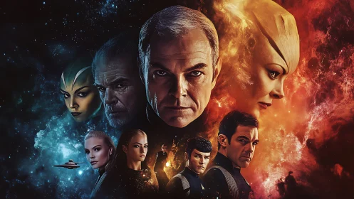 Cinematic sci fi ensemble stares out amid colliding galaxies