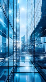 Glass corridor amid reflective blue high rise towers at dusk
