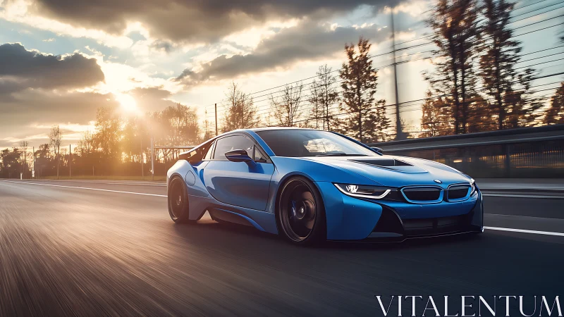 Blue sports car gliding into sunset along a calm city road.