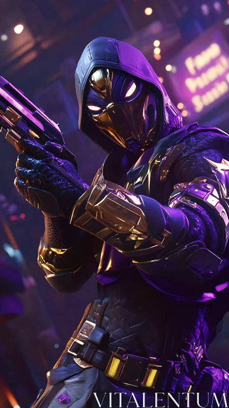 Hooded cybernetic gunfighter dominates neon urban battleground