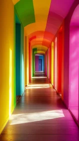 Prismatic hallway of endless doors and sun-sliced color beams.