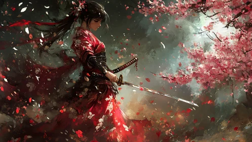Samurai woman holds drawn katana under storm of petals