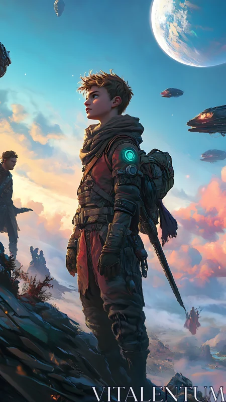 Young space explorer surveys dramatic alien horizon