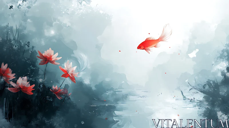 Scarlet koi drifting above misty lilies in pale twilight.