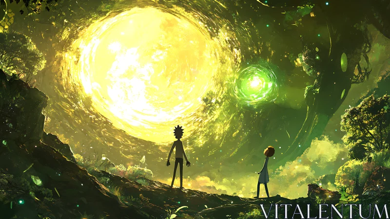Two explorers gaze into a glowing green portal sky