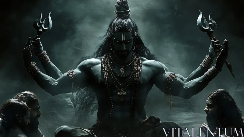 Four-armed blue-skinned figure with tridents in dark setting.