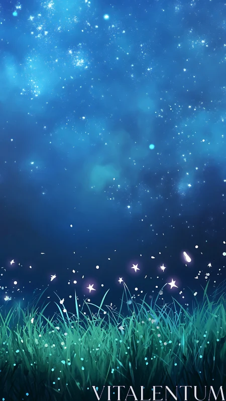 Star-swept midnight meadow under luminous blue cosmos.