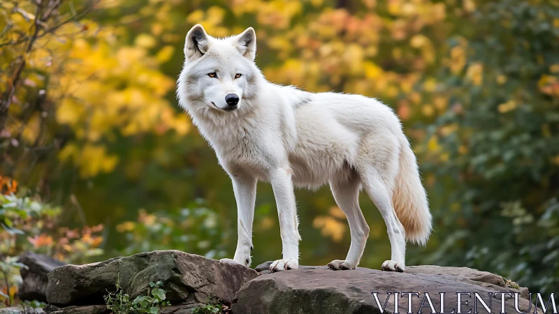 White wolf stands on rock ledge before defocused foliage
