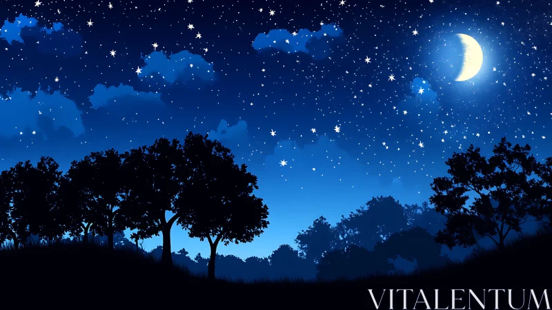 Crescent moon over starlit forest skyline in deep blue night