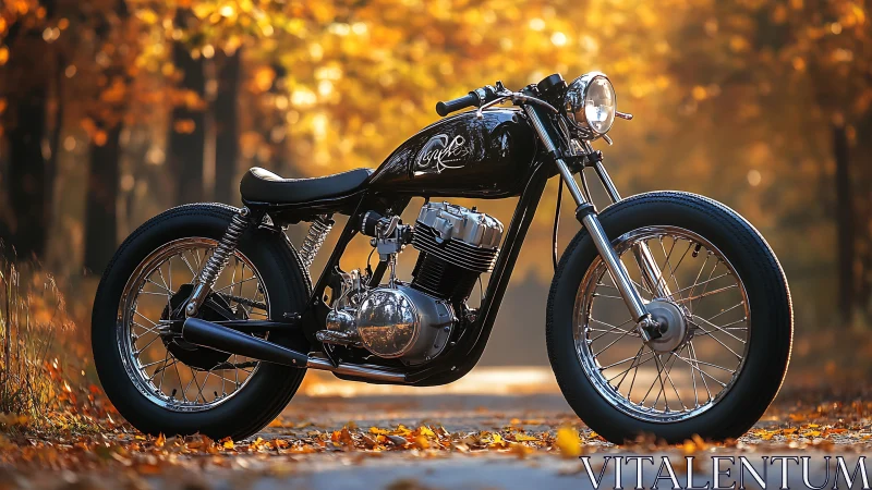 Custom cafe racer motorcycle with polished twin engine in autumn forest
