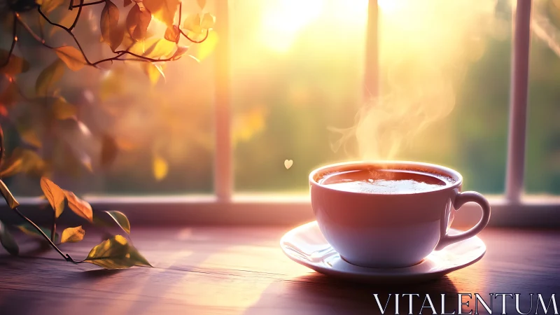 Backlit ceramic coffee cup emits steam in soft sunrise bokeh glow