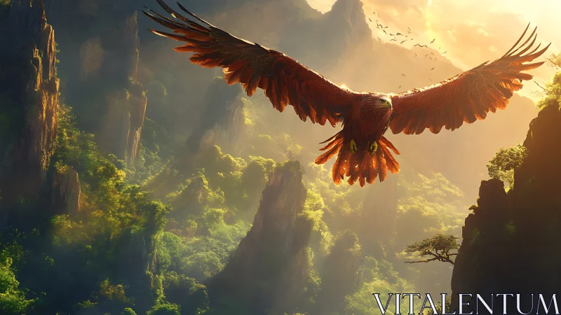Large red bird gliding over misty mountainous forest valley.