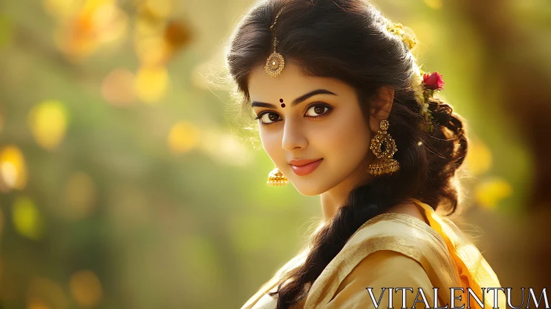 Traditional portrait of Indian woman in golden sunlight.