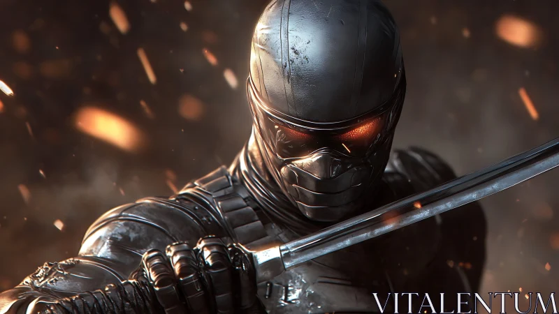 Armored cyber ninja with katana in burning embers.