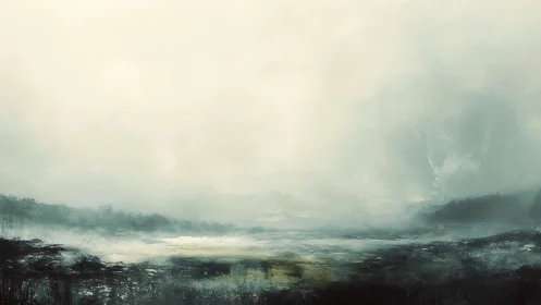 Muted ethereal marshland under expansive misty sky panorama.
