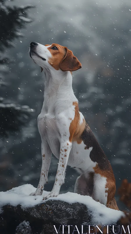 Beagle standing alert on snowy rock in gentle snowfall.